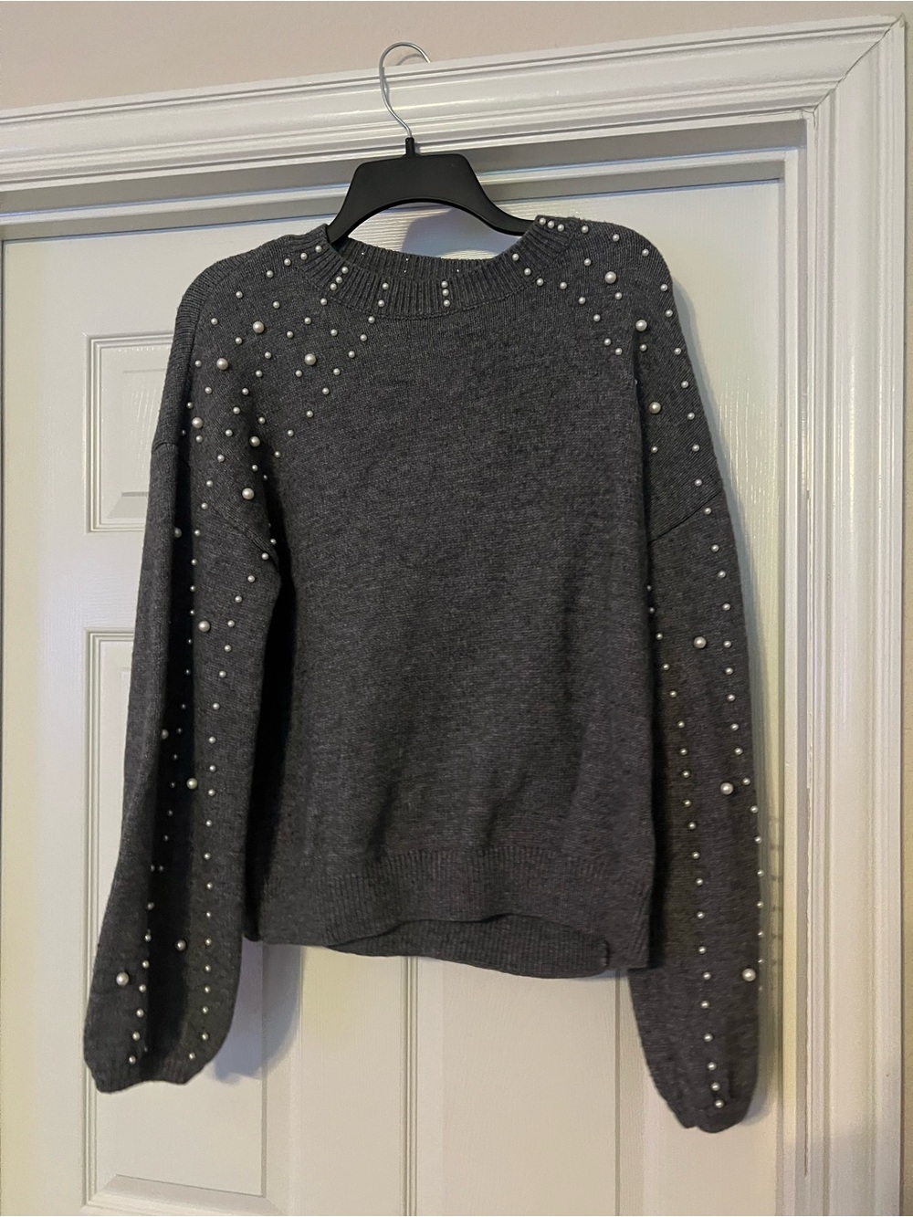 Vici Charcoal Crewneck Sweater with Pearl Accents